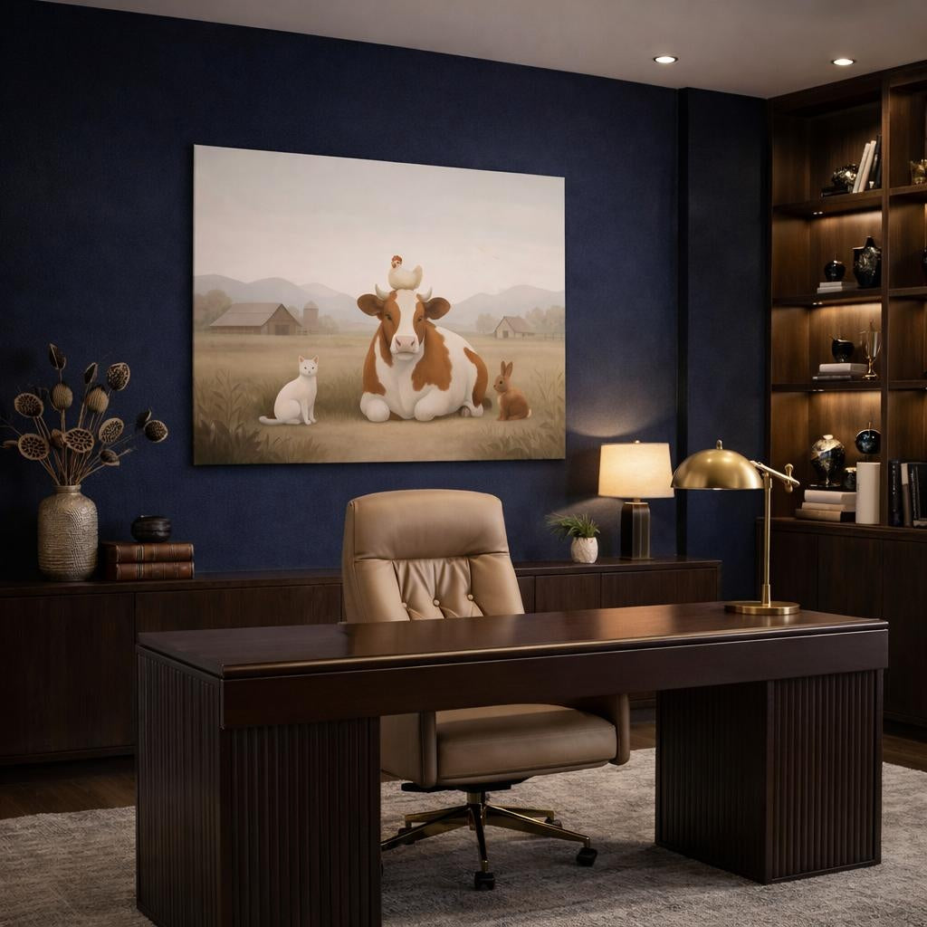 Japandi Farm Friends shown as canvas wall art in a refined dining room