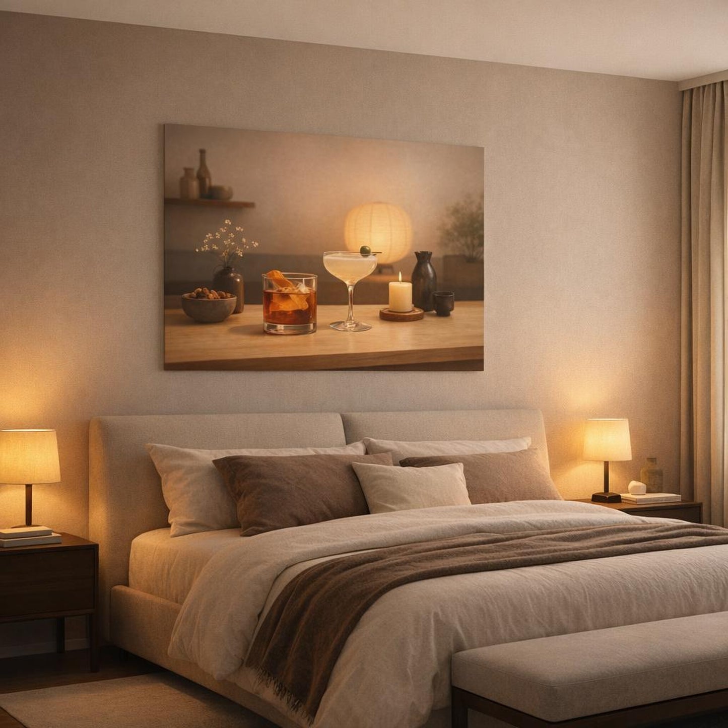 Japandi Happy Hour shown as canvas wall art in a luxury bedroom