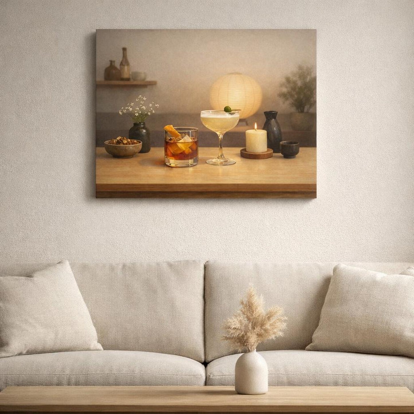 Japandi Happy Hour shown as canvas wall art in a refined dining room