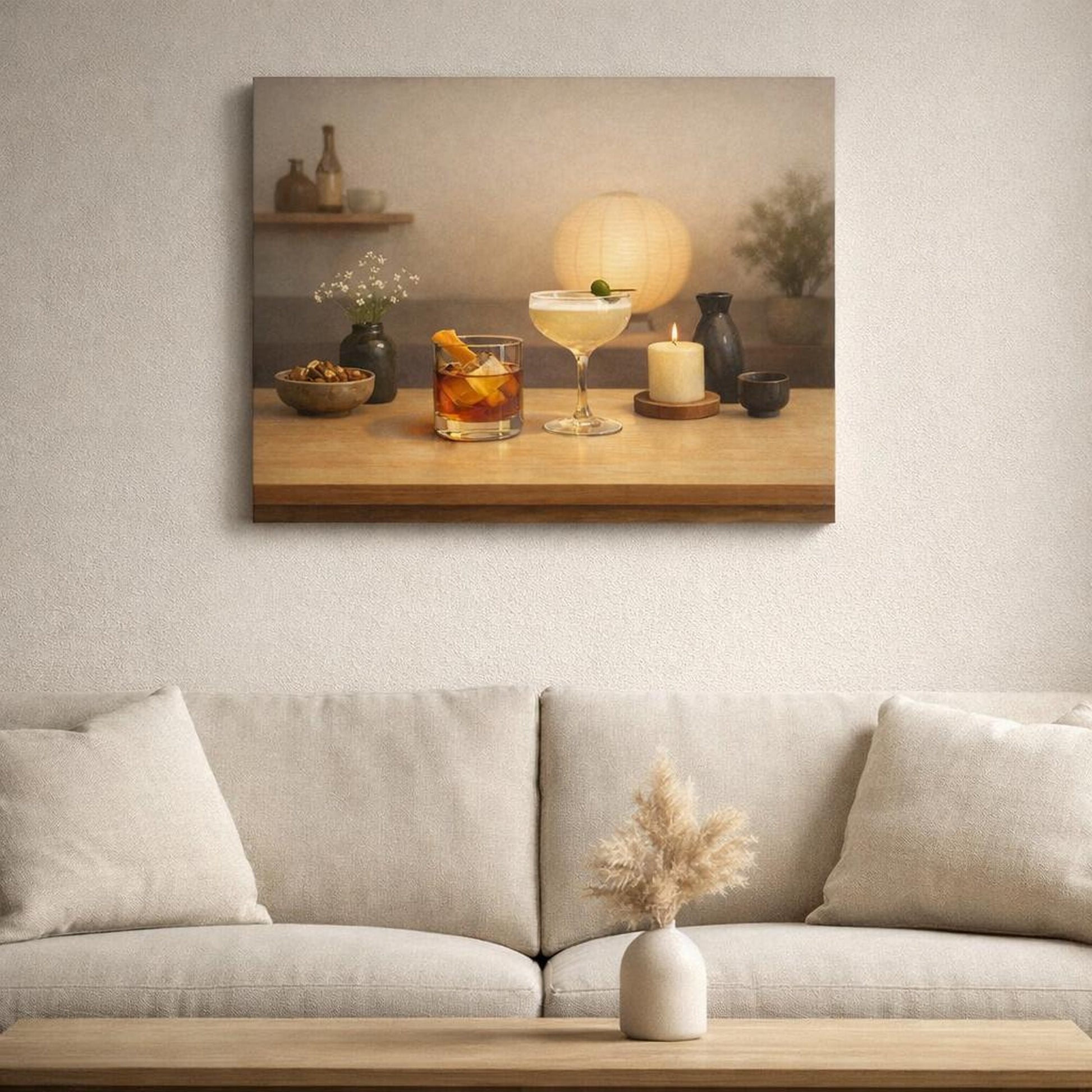 Japandi Happy Hour shown as canvas wall art in a refined dining room