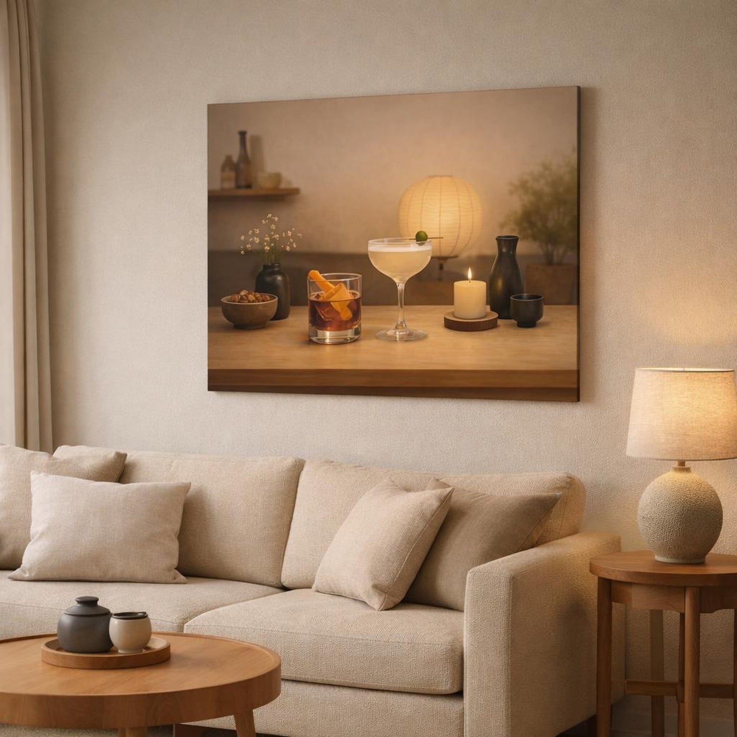 Japandi Happy Hour shown as canvas wall art in a modern living room