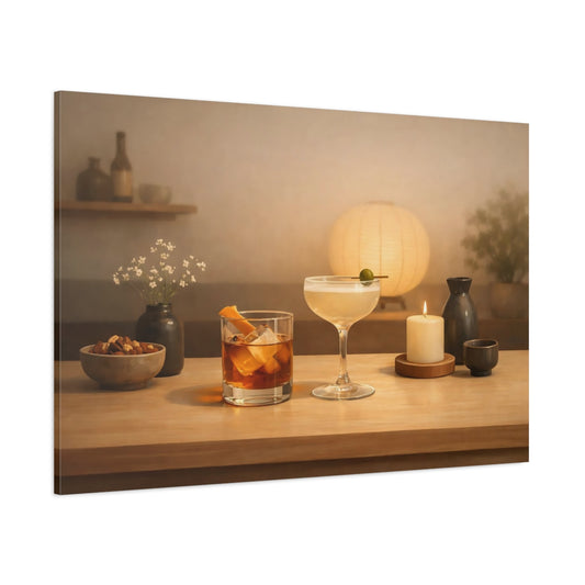 Japandi Happy Hour shown as stretched canvas wall art