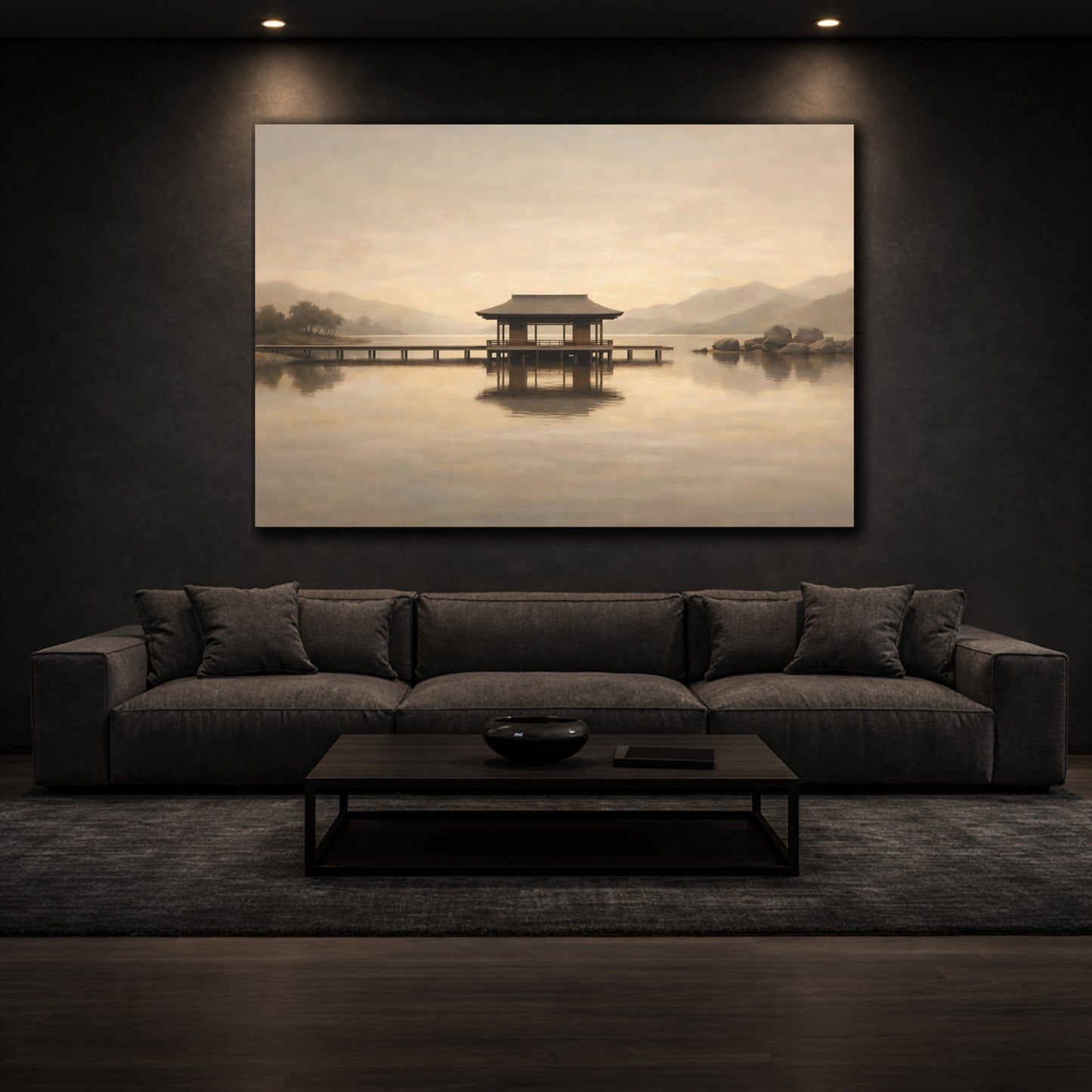 Mockup 2. Japandi High Contrast Repetition Lines shown as stretched canvas wall art