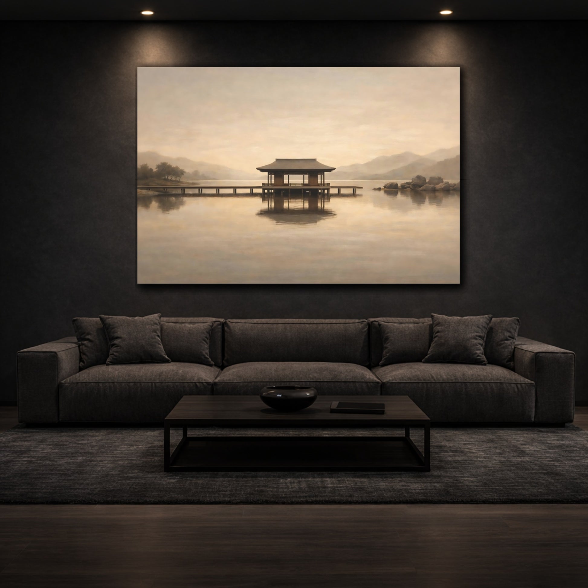 Mockup 2. Japandi High Contrast Repetition Lines shown as stretched canvas wall art