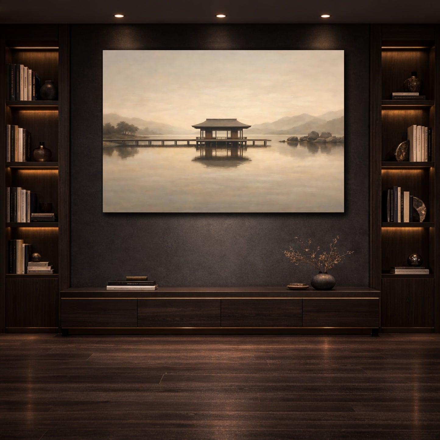 Mockup 3. Japandi High Contrast Repetition Lines shown as stretched canvas wall art