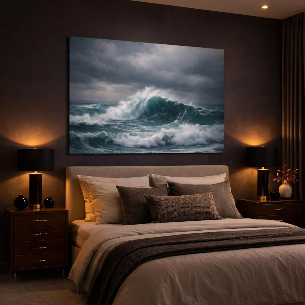 Japandi Ocean Storm Waves shown as canvas wall art in a luxury bedroom