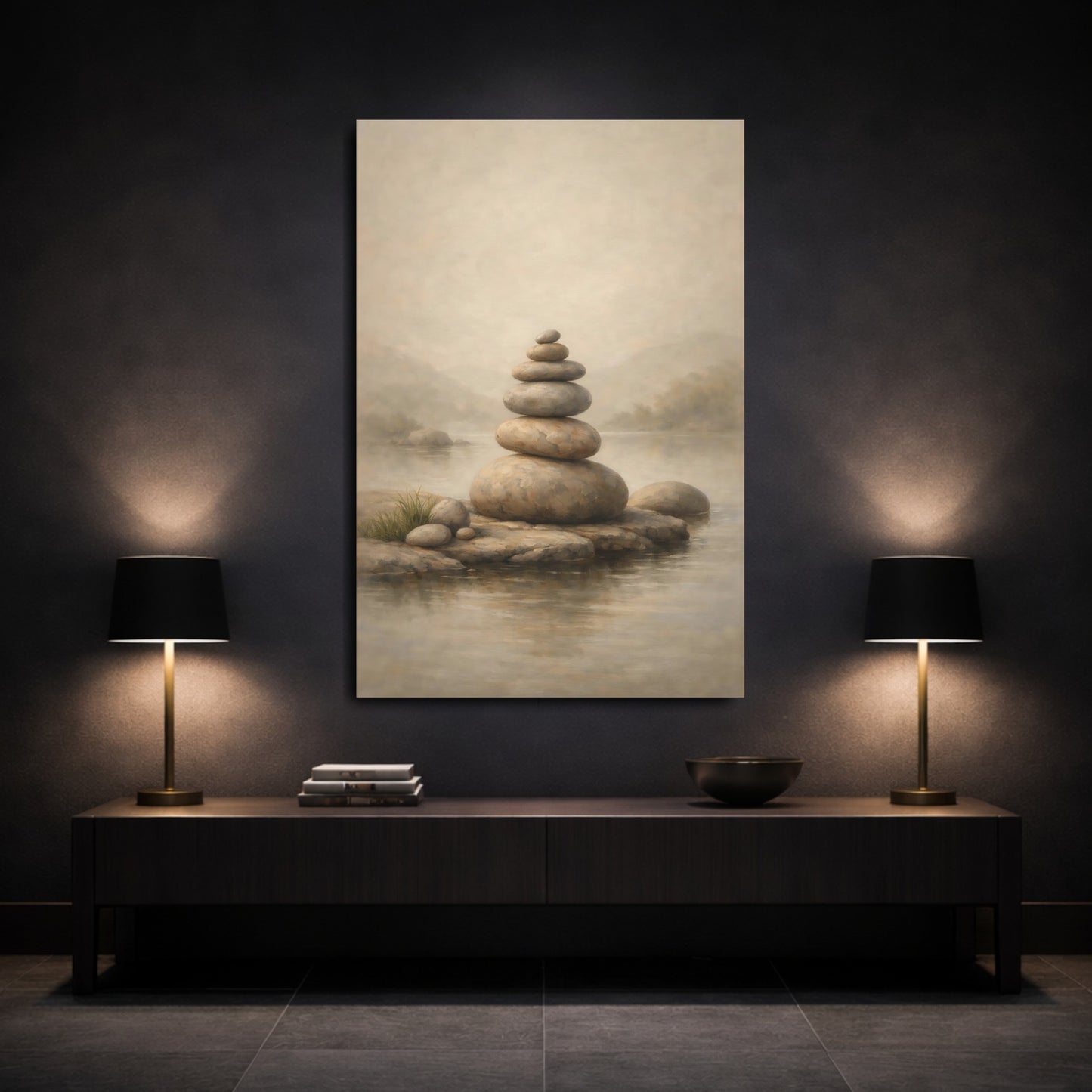 Mockup 2. Japandi Pale Stone Balanced Composition shown as stretched canvas wall art