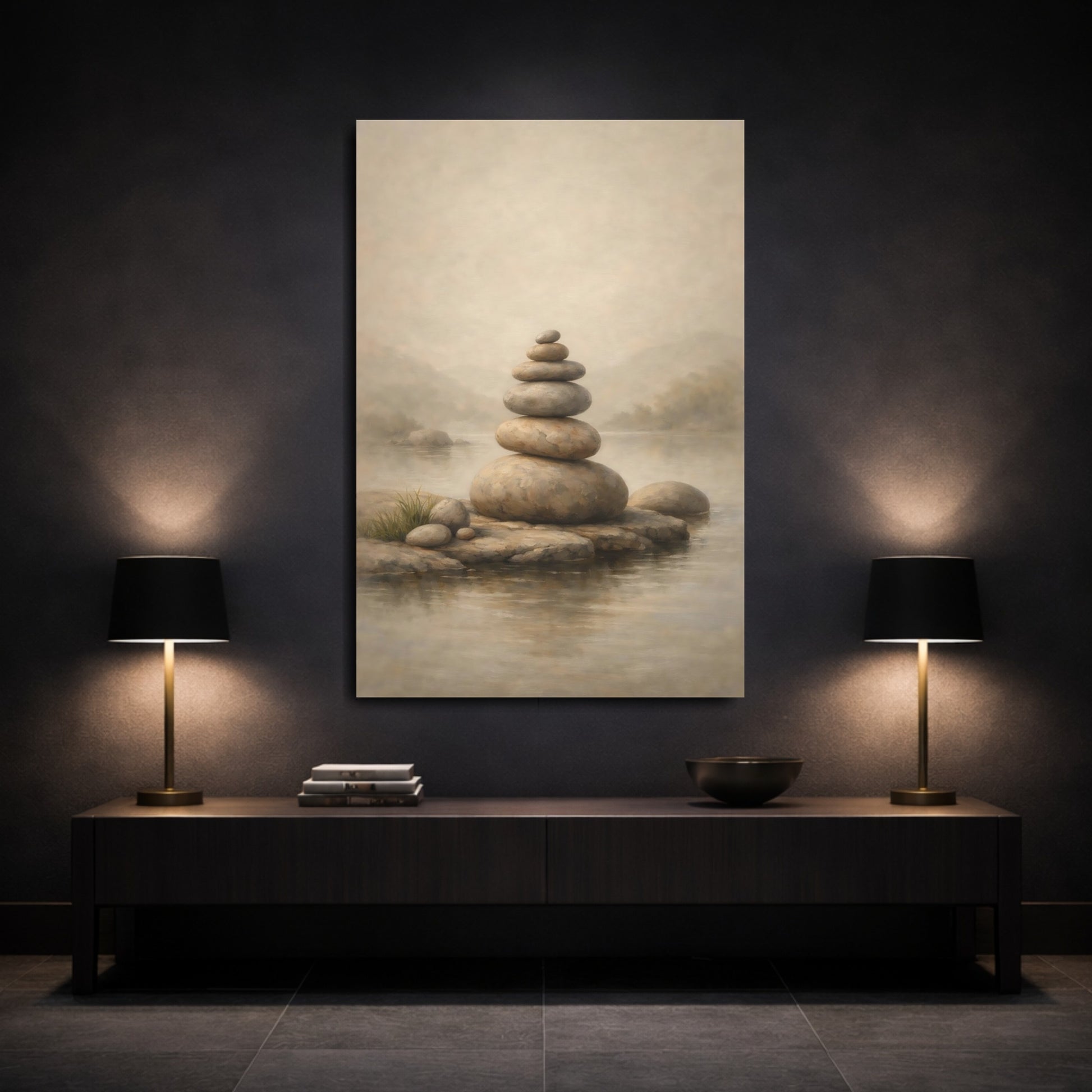 Mockup 2. Japandi Pale Stone Balanced Composition shown as stretched canvas wall art