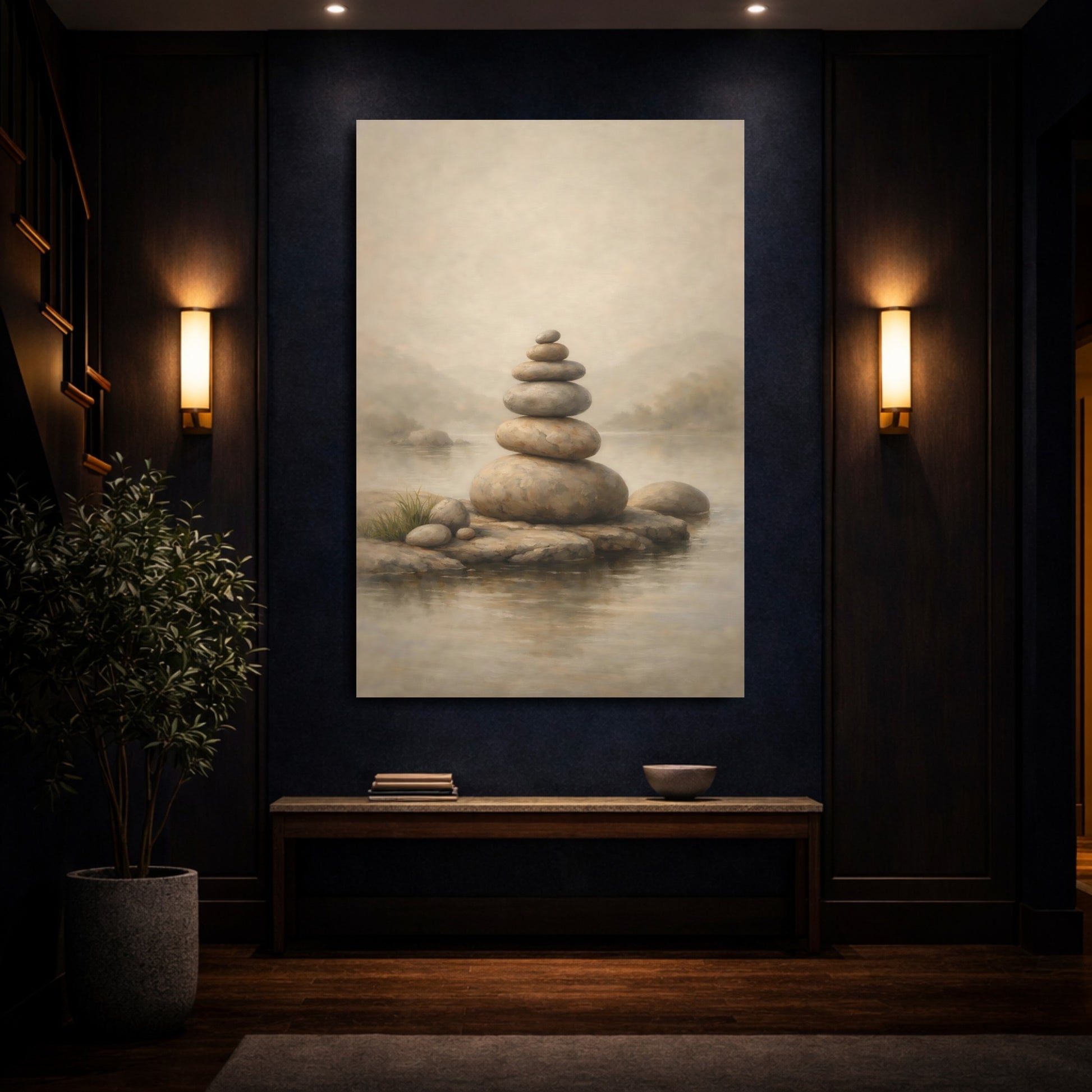 Mockup 3. Japandi Pale Stone Balanced Composition shown as stretched canvas wall art