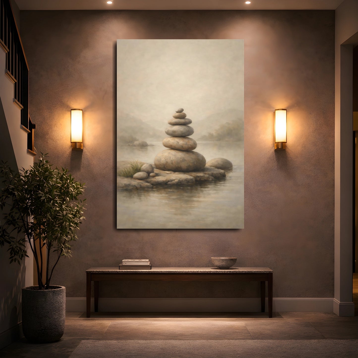 Mockup 4. Japandi Pale Stone Balanced Composition shown as stretched canvas wall art