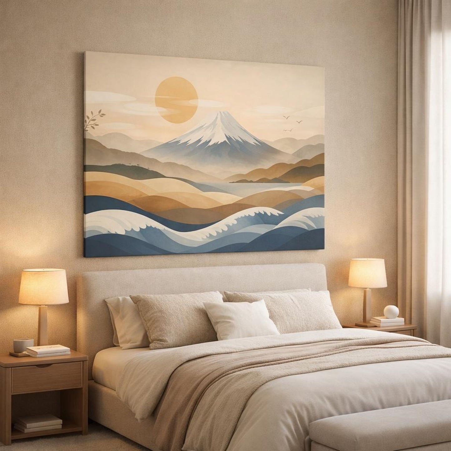 Japandi Waves shown as canvas wall art in a luxury bedroom