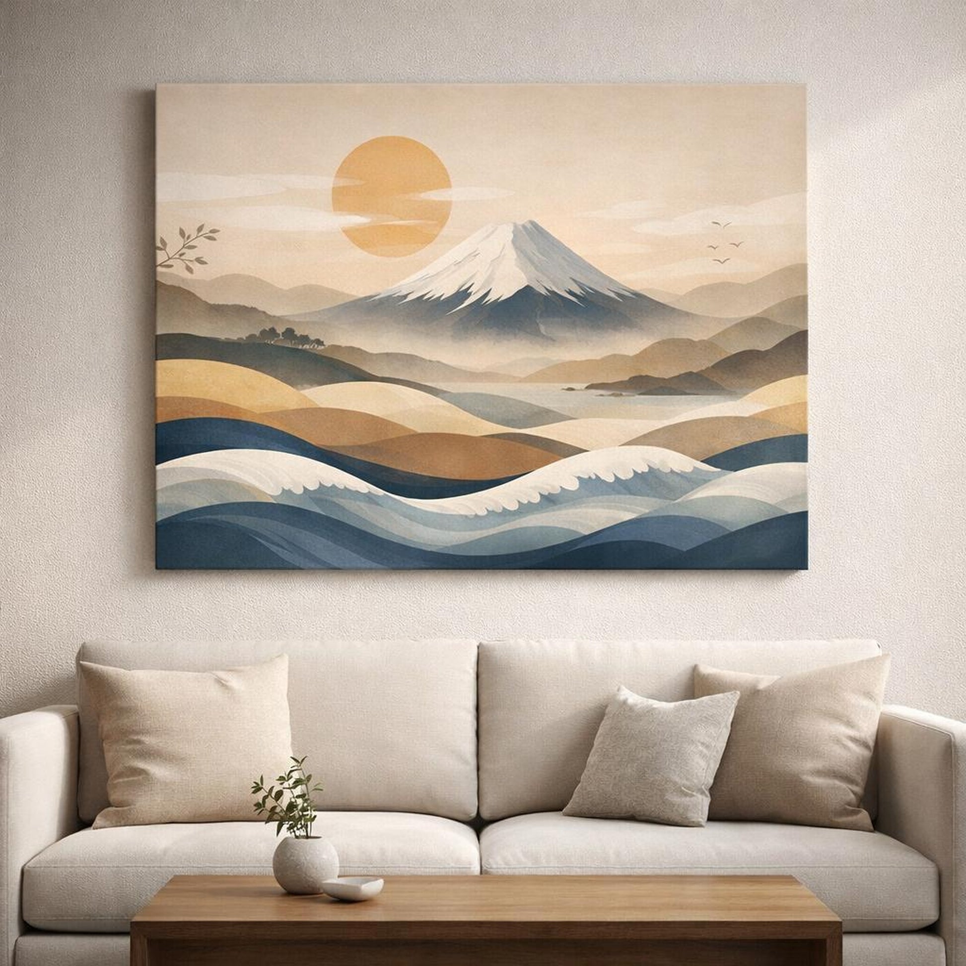 Japandi Waves shown as canvas wall art in a refined dining room