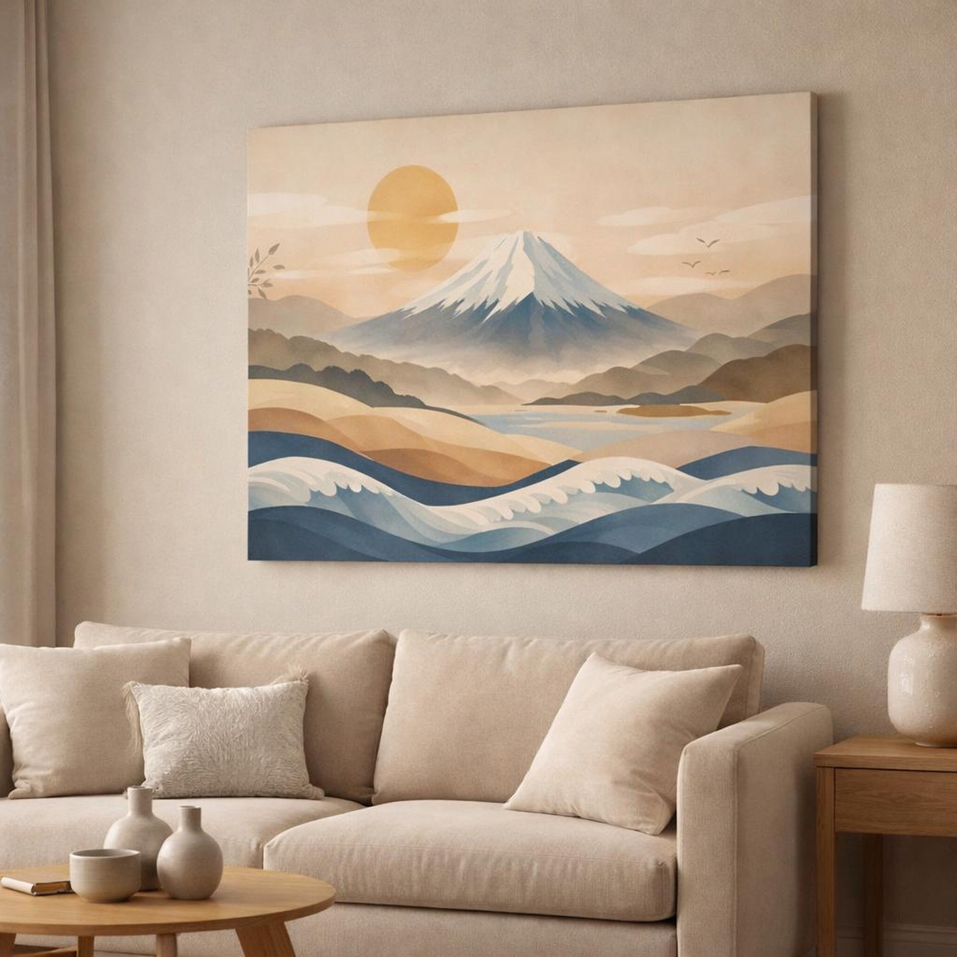 Japandi Waves shown as canvas wall art in a modern living room