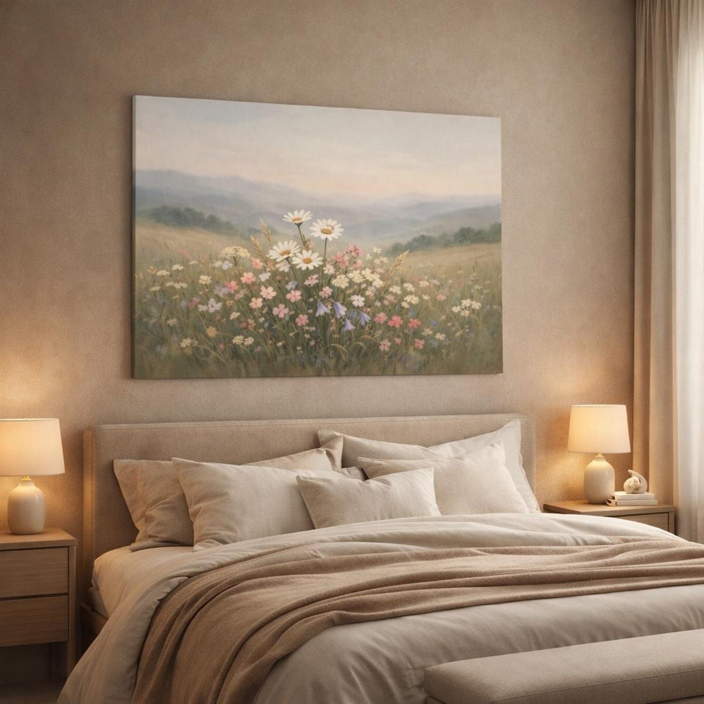 Japandi Wildflowers Hills shown as canvas wall art in a luxury bedroom