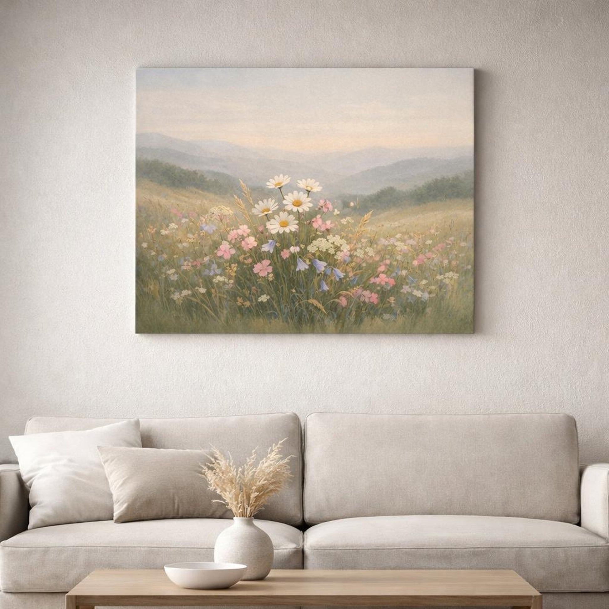 Japandi Wildflowers Hills shown as canvas wall art in a refined dining room