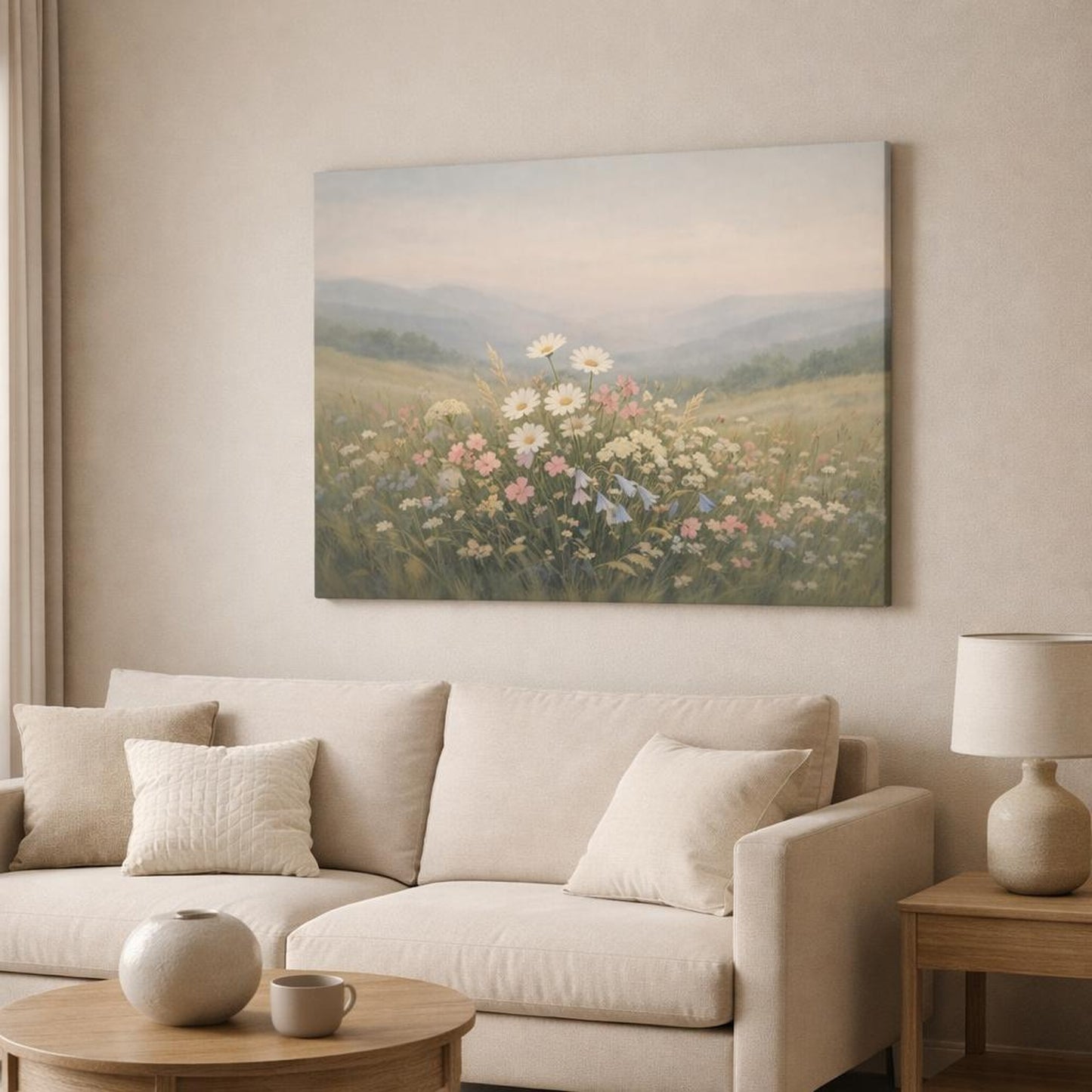 Japandi Wildflowers Hills shown as canvas wall art in a modern living room