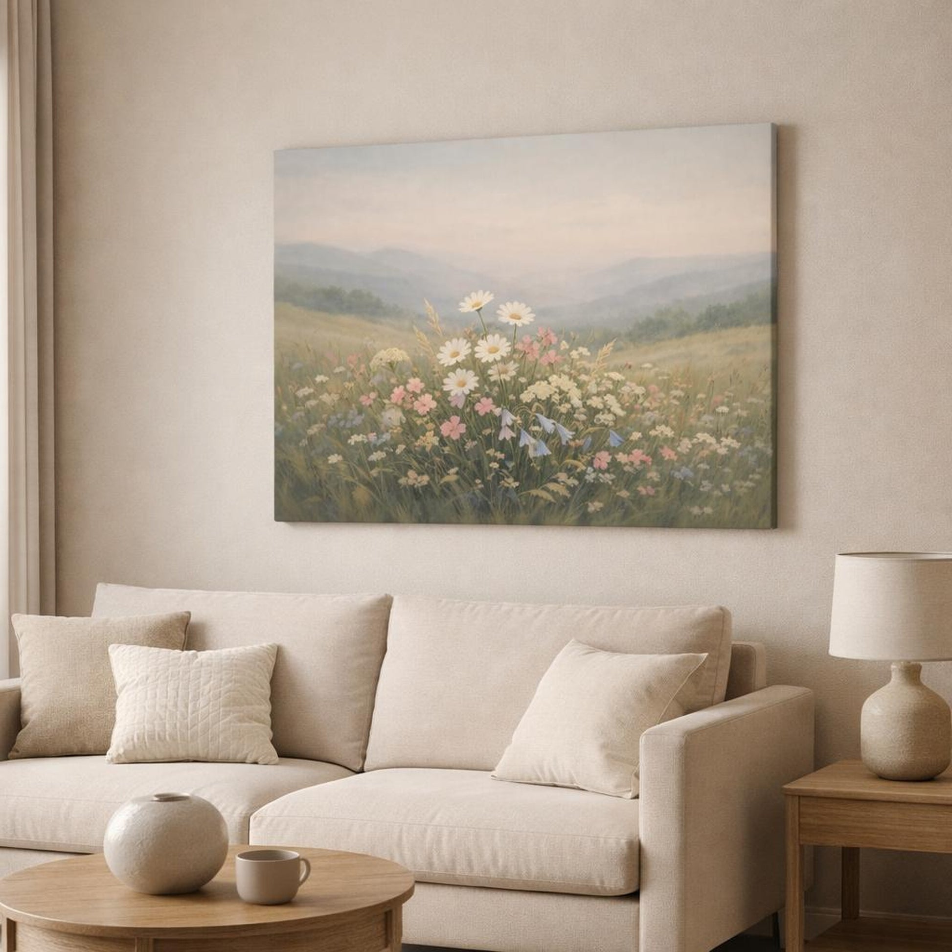 Japandi Wildflowers Hills shown as canvas wall art in a modern living room