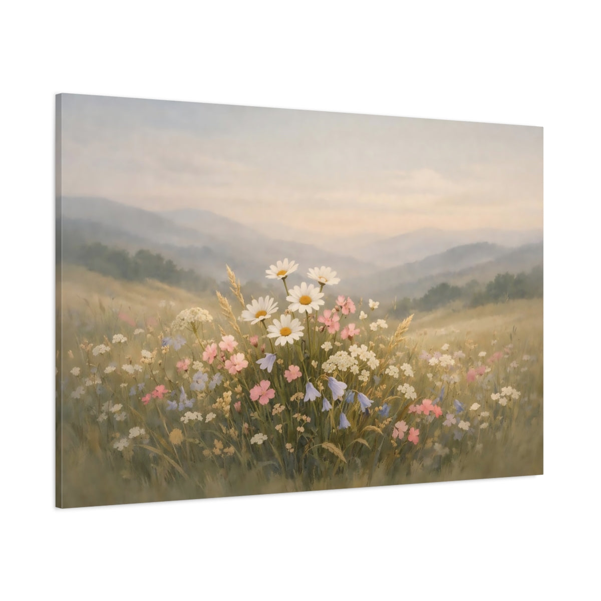 Japandi Wildflowers Hills shown as stretched canvas wall art