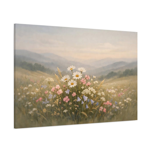Japandi Wildflowers Hills shown as stretched canvas wall art