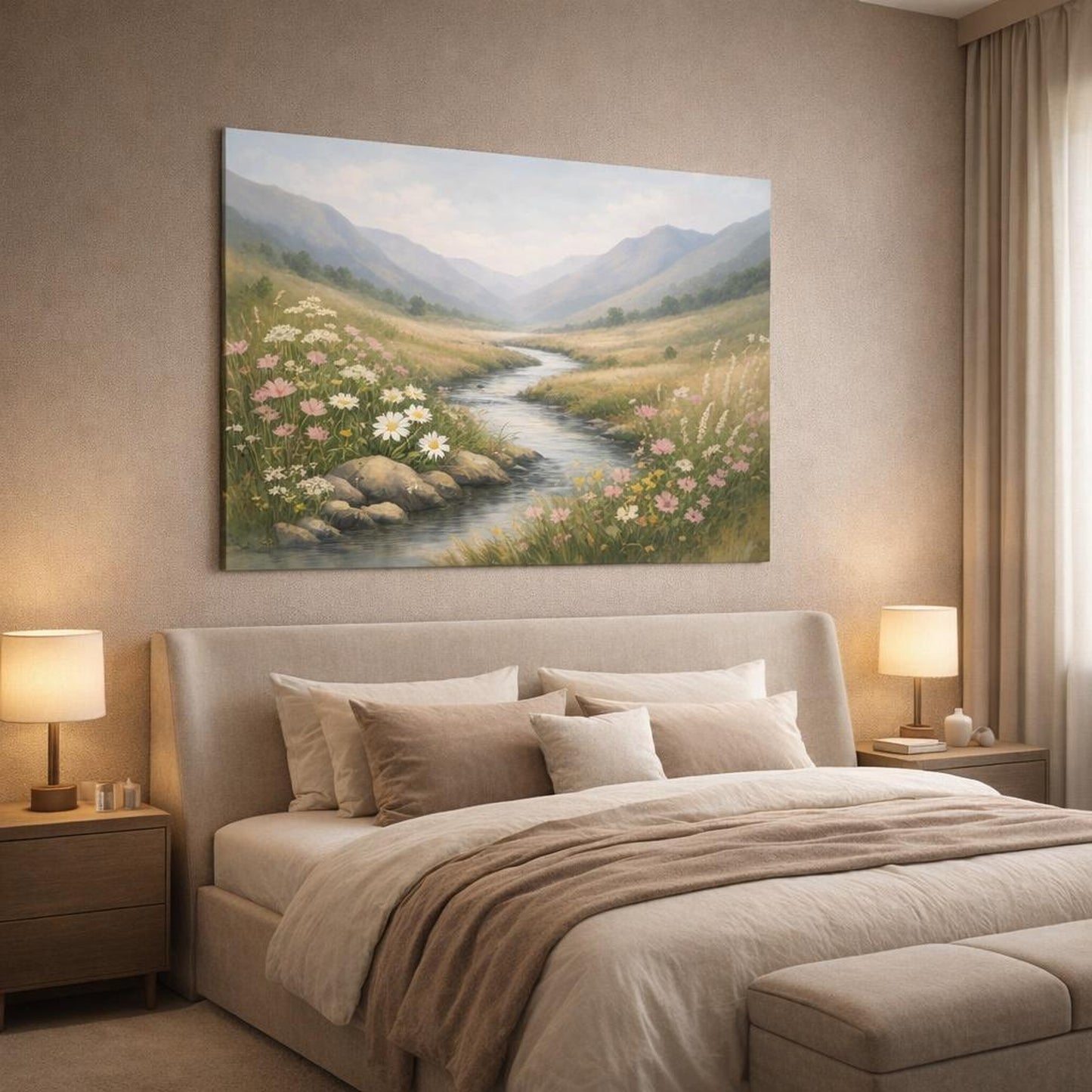 Japandi Wildflowers Valley shown as canvas wall art in a luxury bedroom