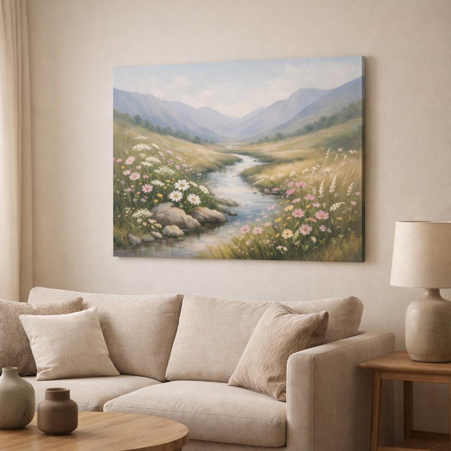 Japandi Wildflowers Valley shown as canvas wall art in a modern living room