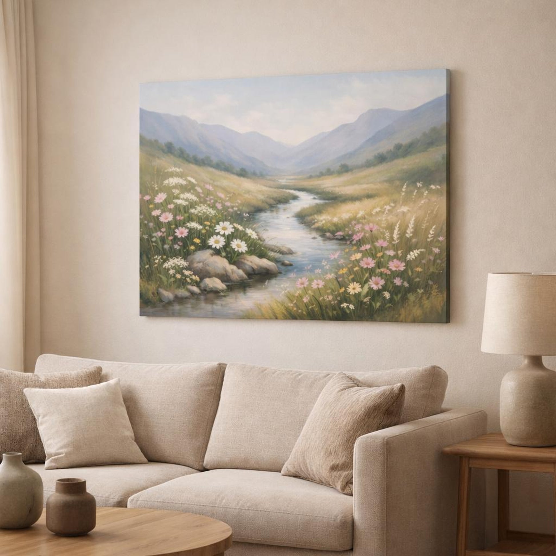 Japandi Wildflowers Valley shown as canvas wall art in a modern living room