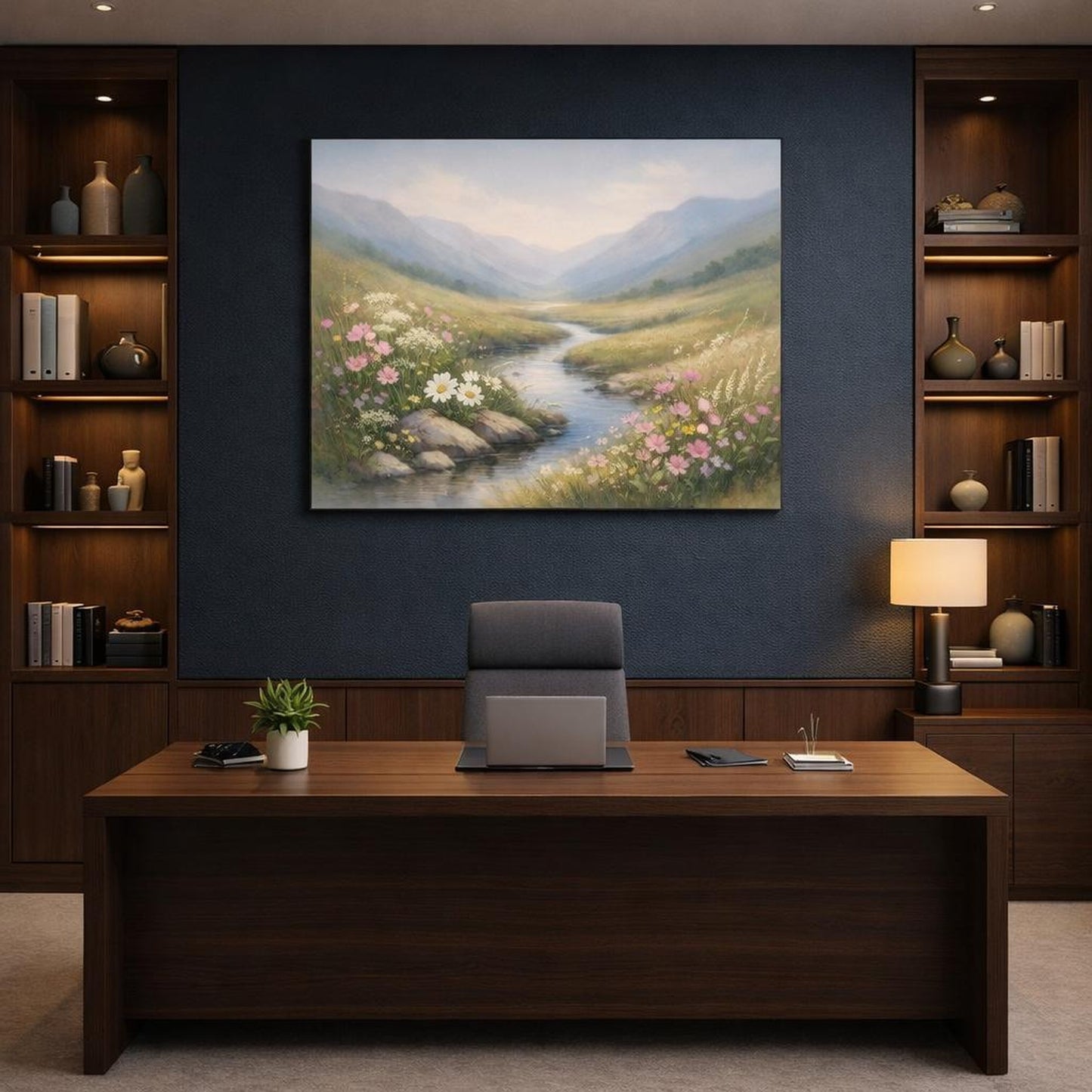 Japandi Wildflowers Valley shown as canvas wall art in a refined dining room