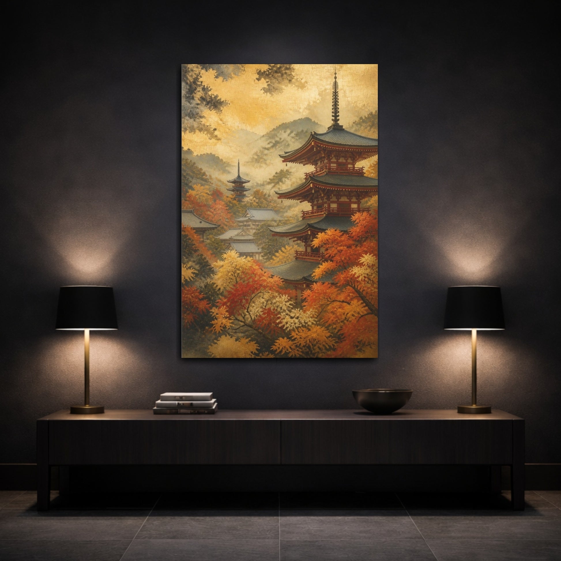 Mockup 3. Japanese Autumn Pagoda shown as canvas print
