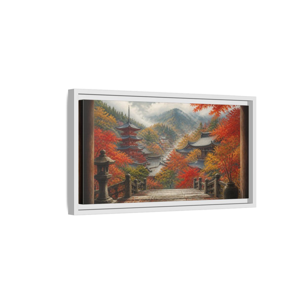 Side Mockup 6. Japanese Autumn Pagoda View shown as framed canvas print