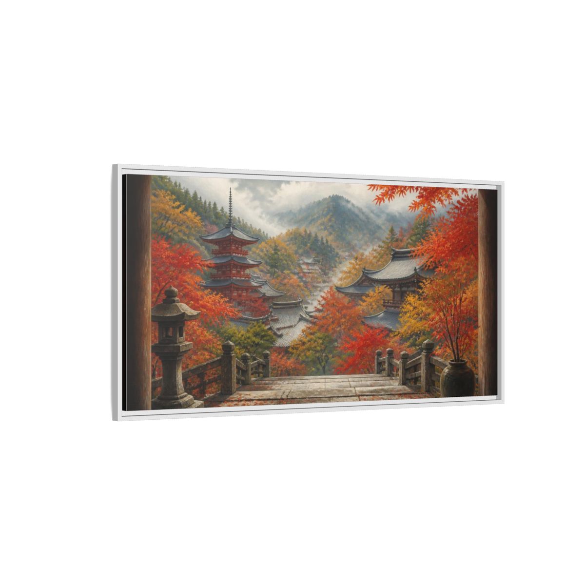 Side Mockup 3. Japanese Autumn Pagoda View shown as framed canvas print