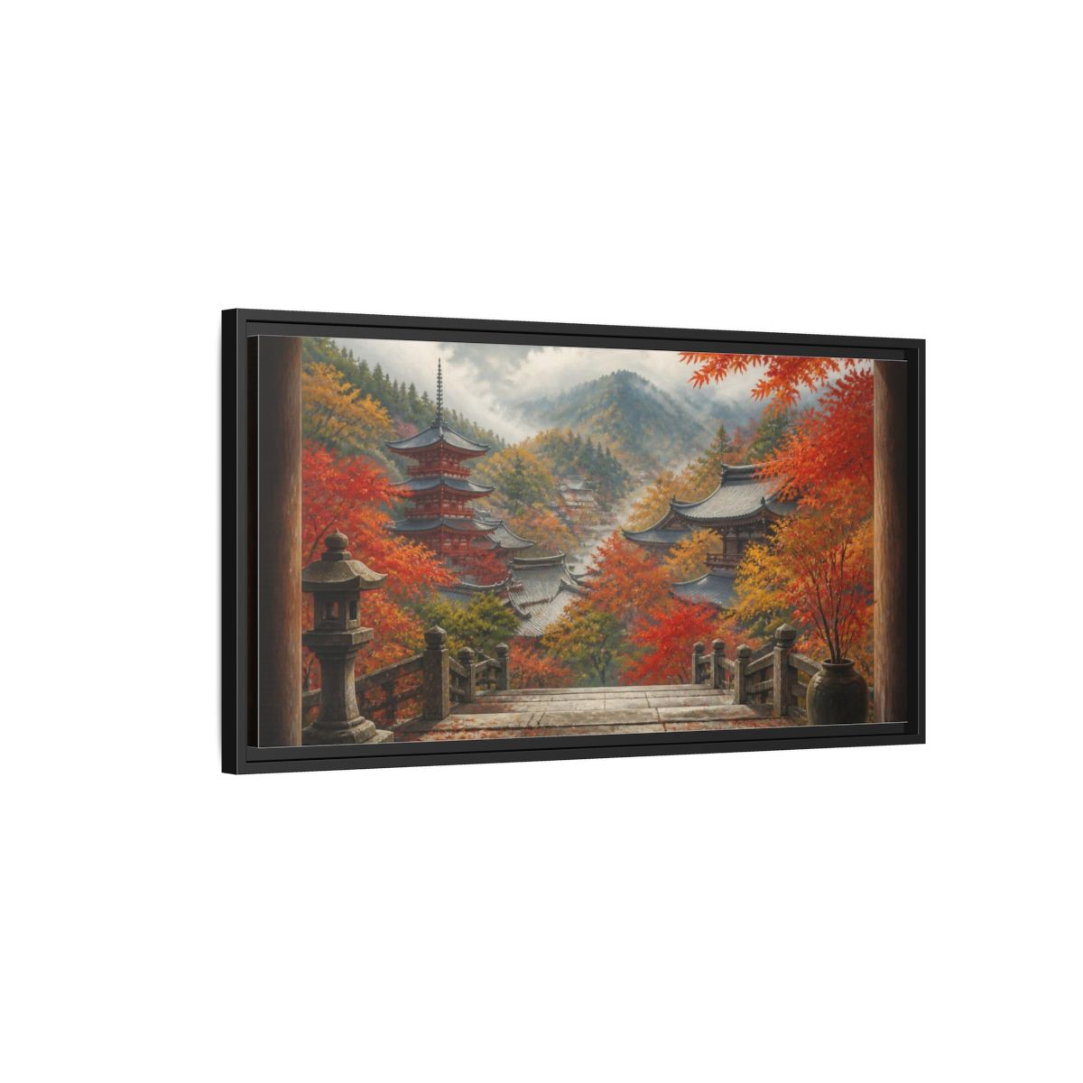Side Mockup 2. Japanese Autumn Pagoda View shown as framed canvas print