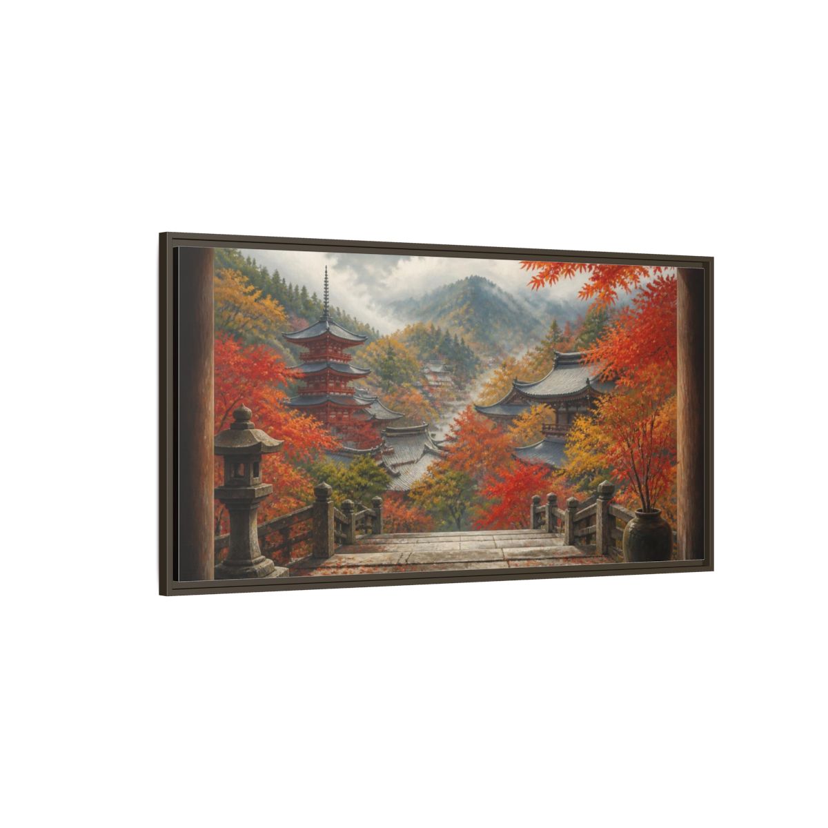 Side Mockup 4. Japanese Autumn Pagoda View shown as framed canvas print