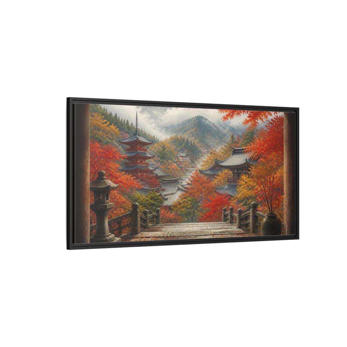 Side Mockup 5. Japanese Autumn Pagoda View shown as framed canvas print