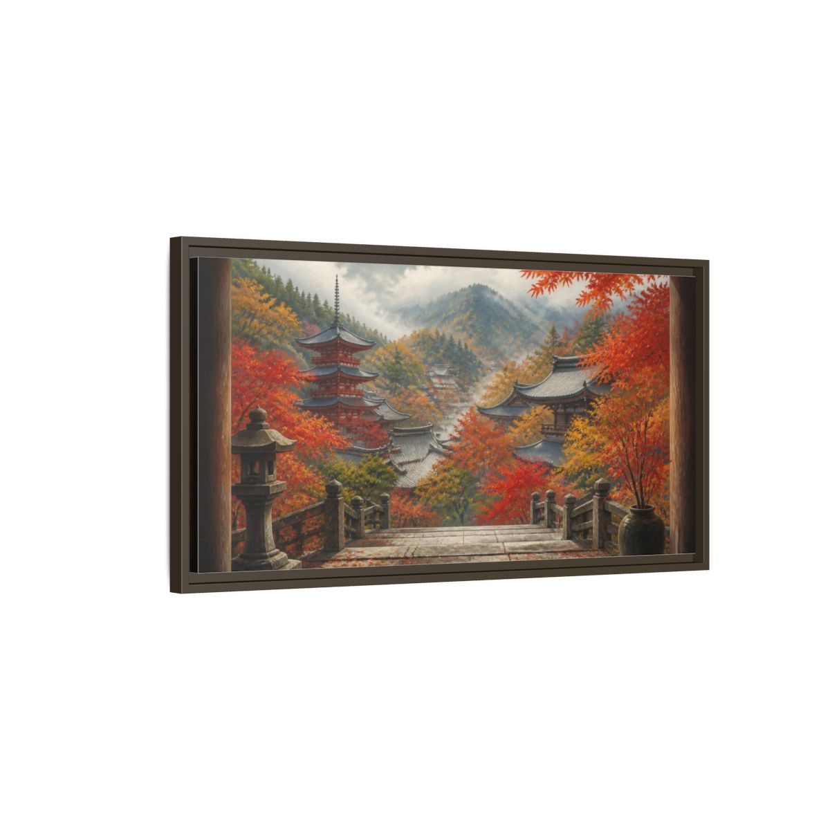 Main Mockup. Japanese Autumn Pagoda View shown as framed canvas print