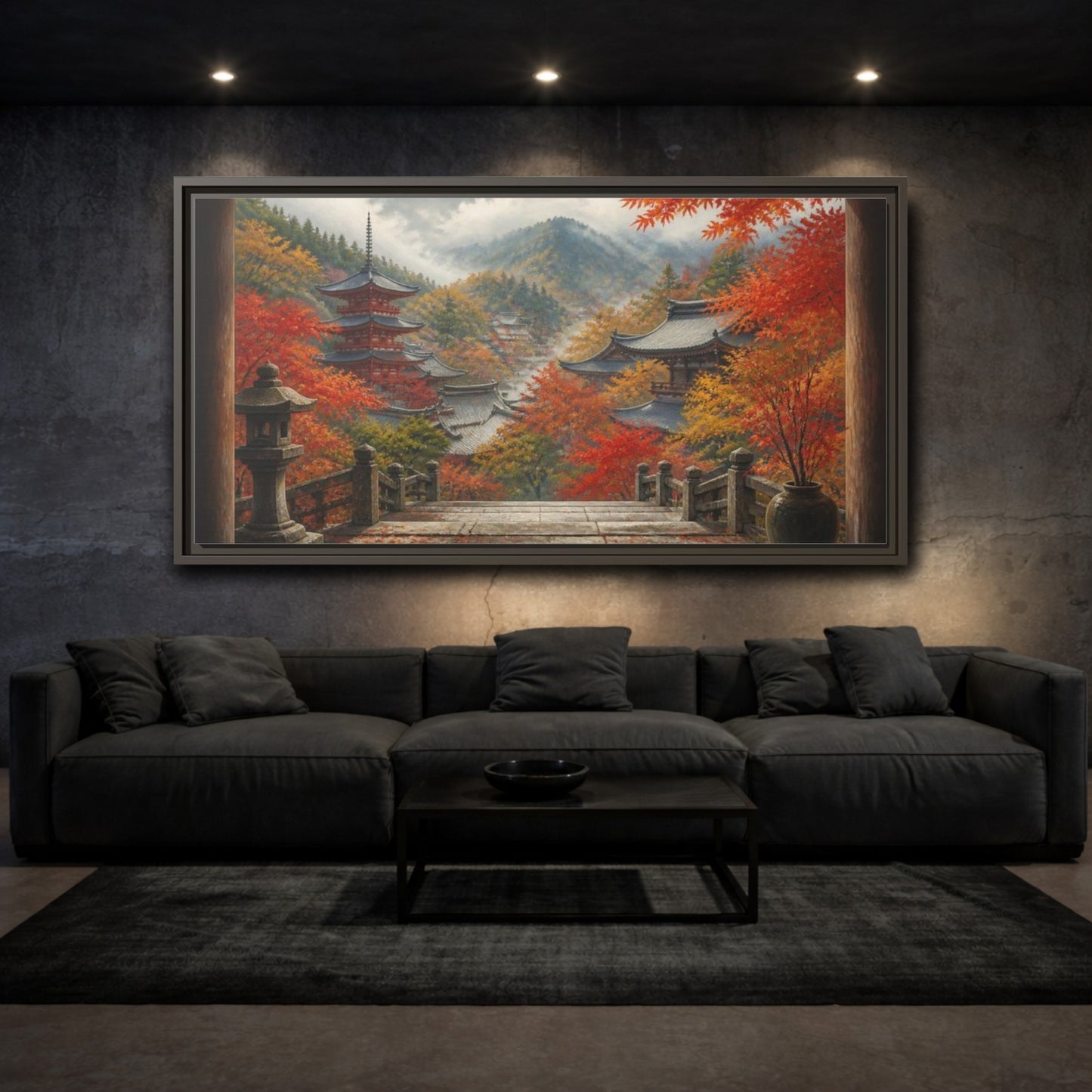 Mockup 3. Japanese Autumn Pagoda View shown as framed canvas print