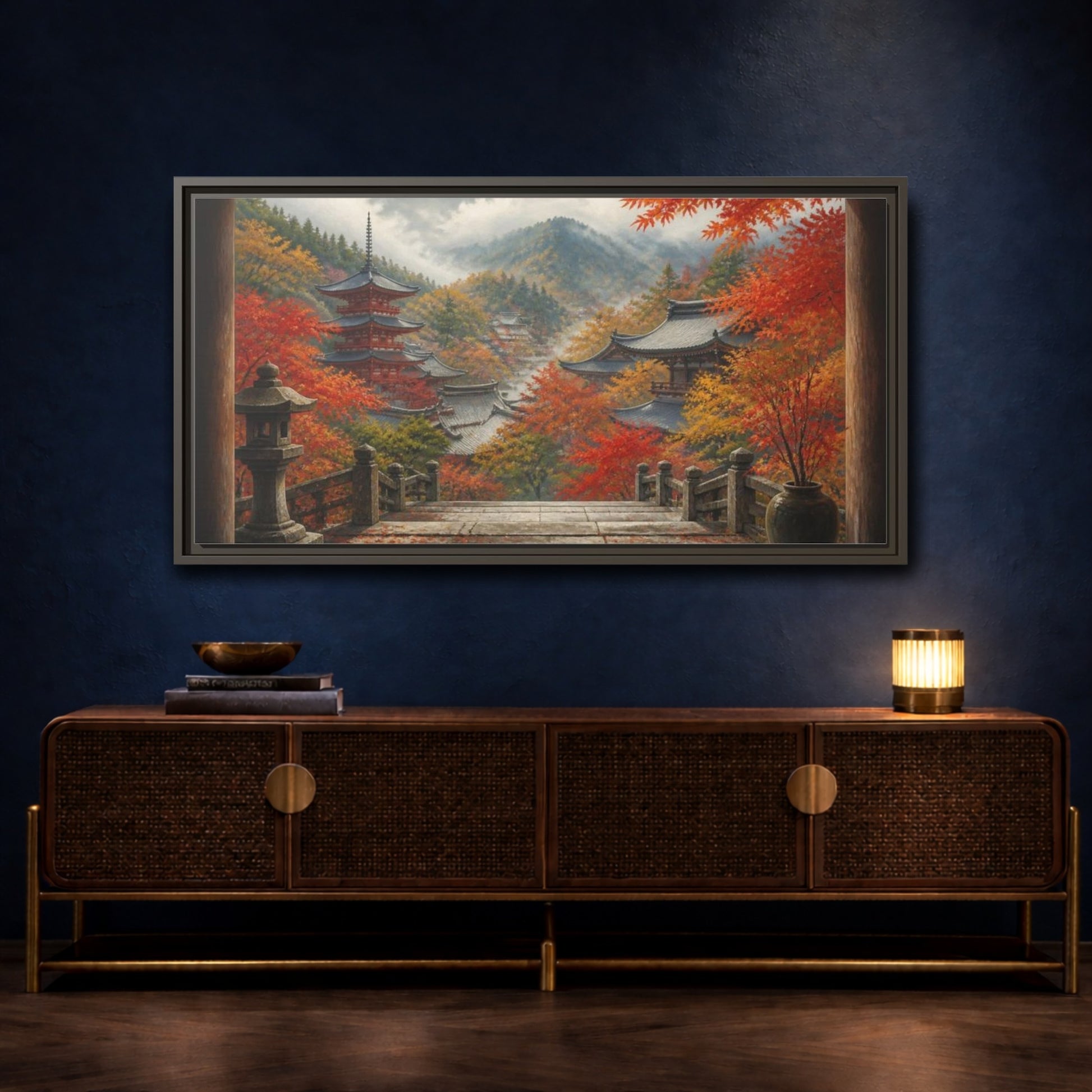 Mockup 4. Japanese Autumn Pagoda View shown as framed canvas print