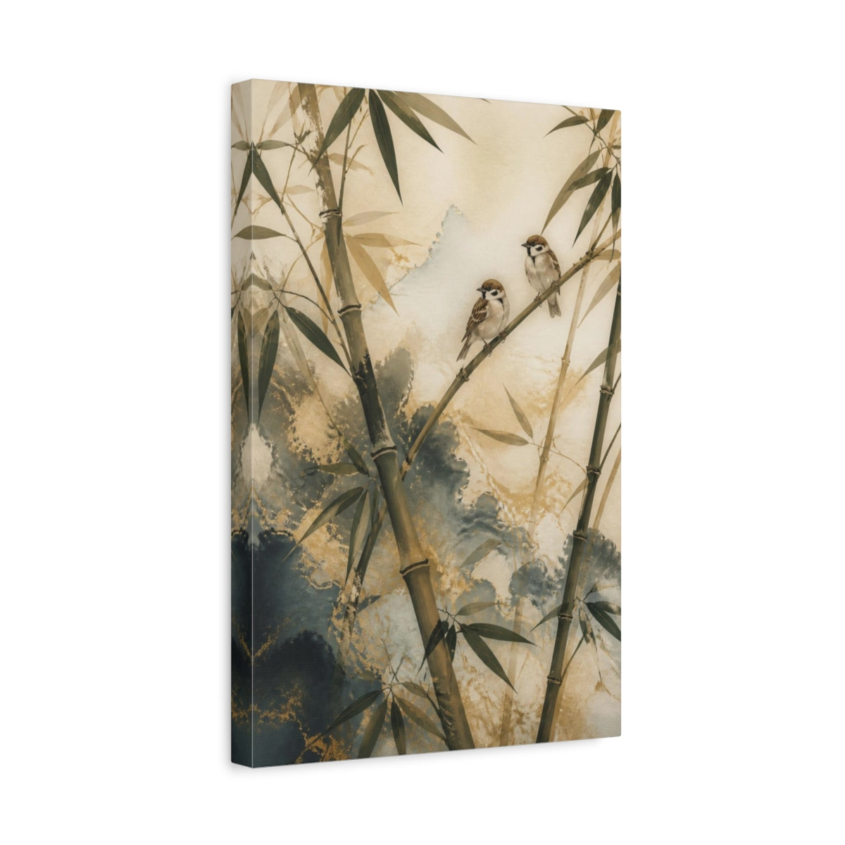 Side Mockup 4. Japanese Bamboo Sparrows shown as canvas print