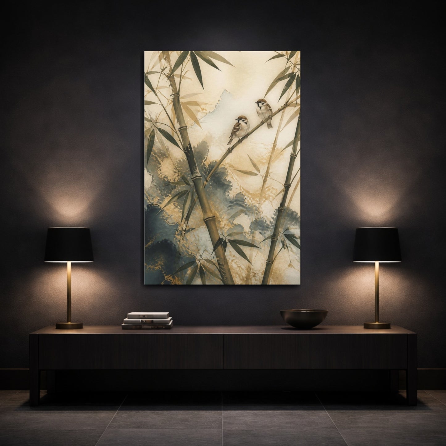 Mockup 3. Japanese Bamboo Sparrows shown as canvas print