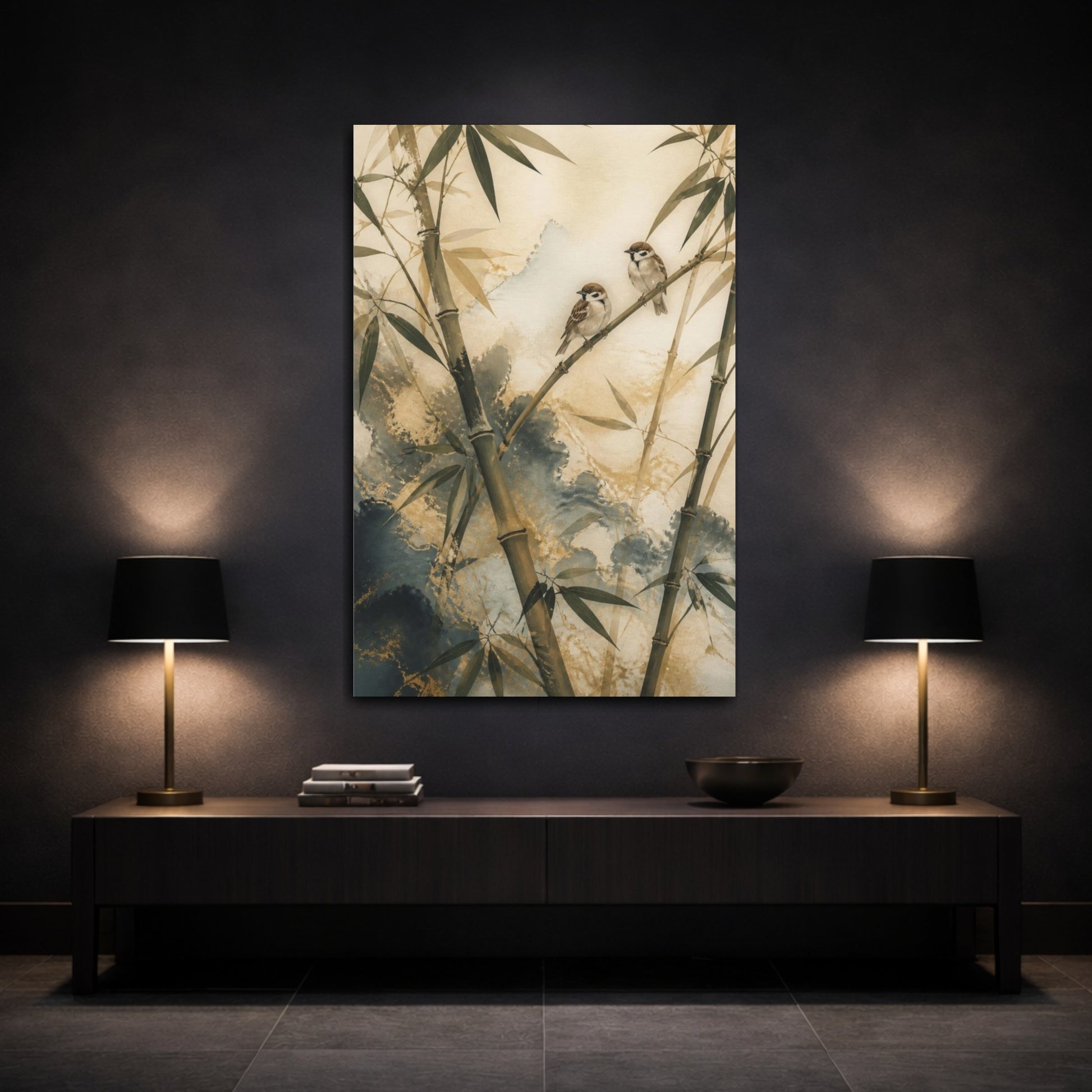 Mockup 3. Japanese Bamboo Sparrows shown as canvas print