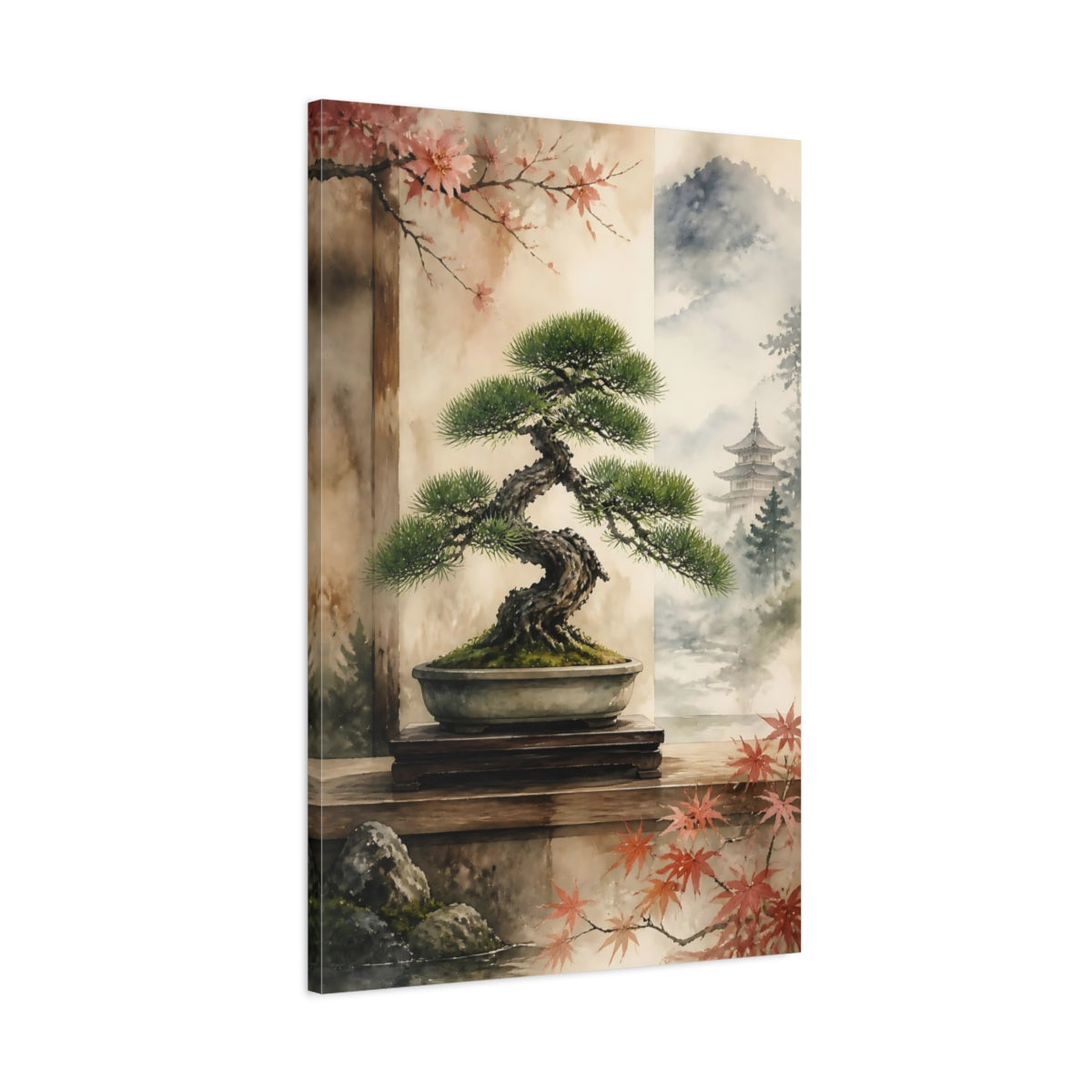 Main Mockup. Japanese Bonsai Pine Display shown as canvas print