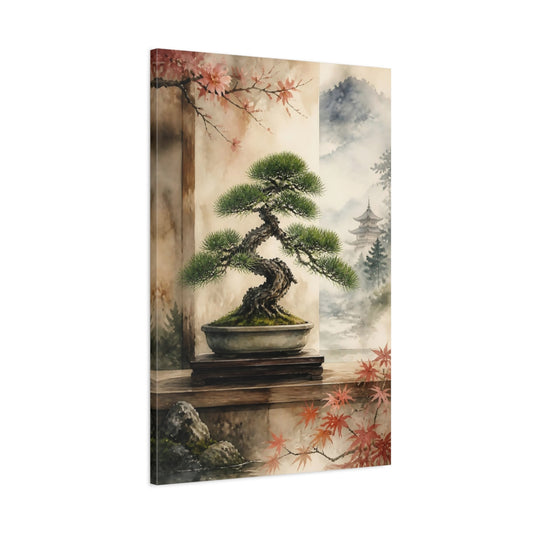 Main Mockup. Japanese Bonsai Pine Display shown as canvas print