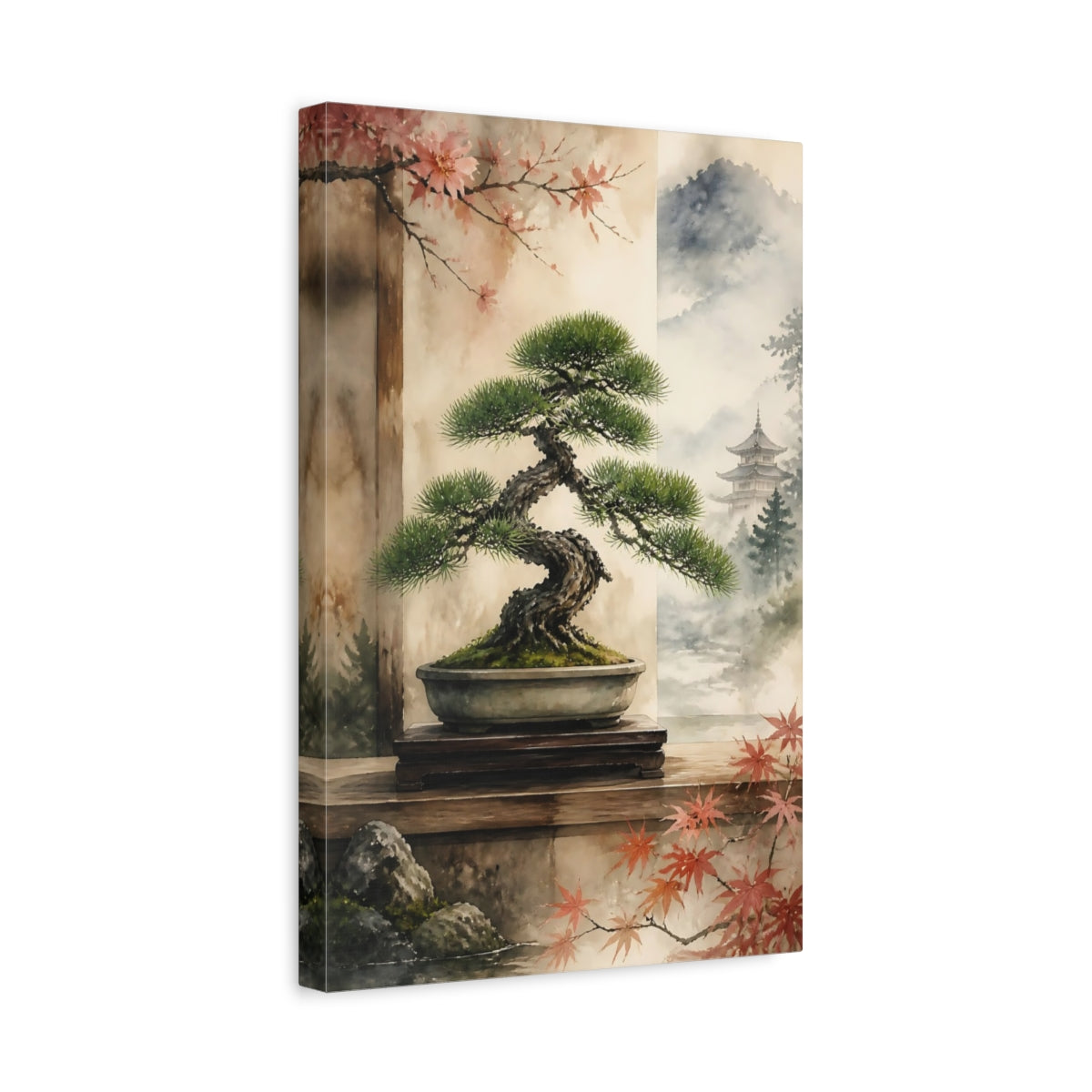 Side Mockup 4. Japanese Bonsai Pine Display shown as canvas print