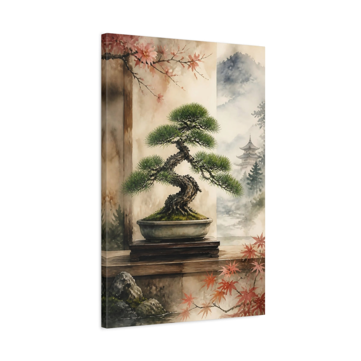 Side Mockup 2. Japanese Bonsai Pine Display shown as canvas print