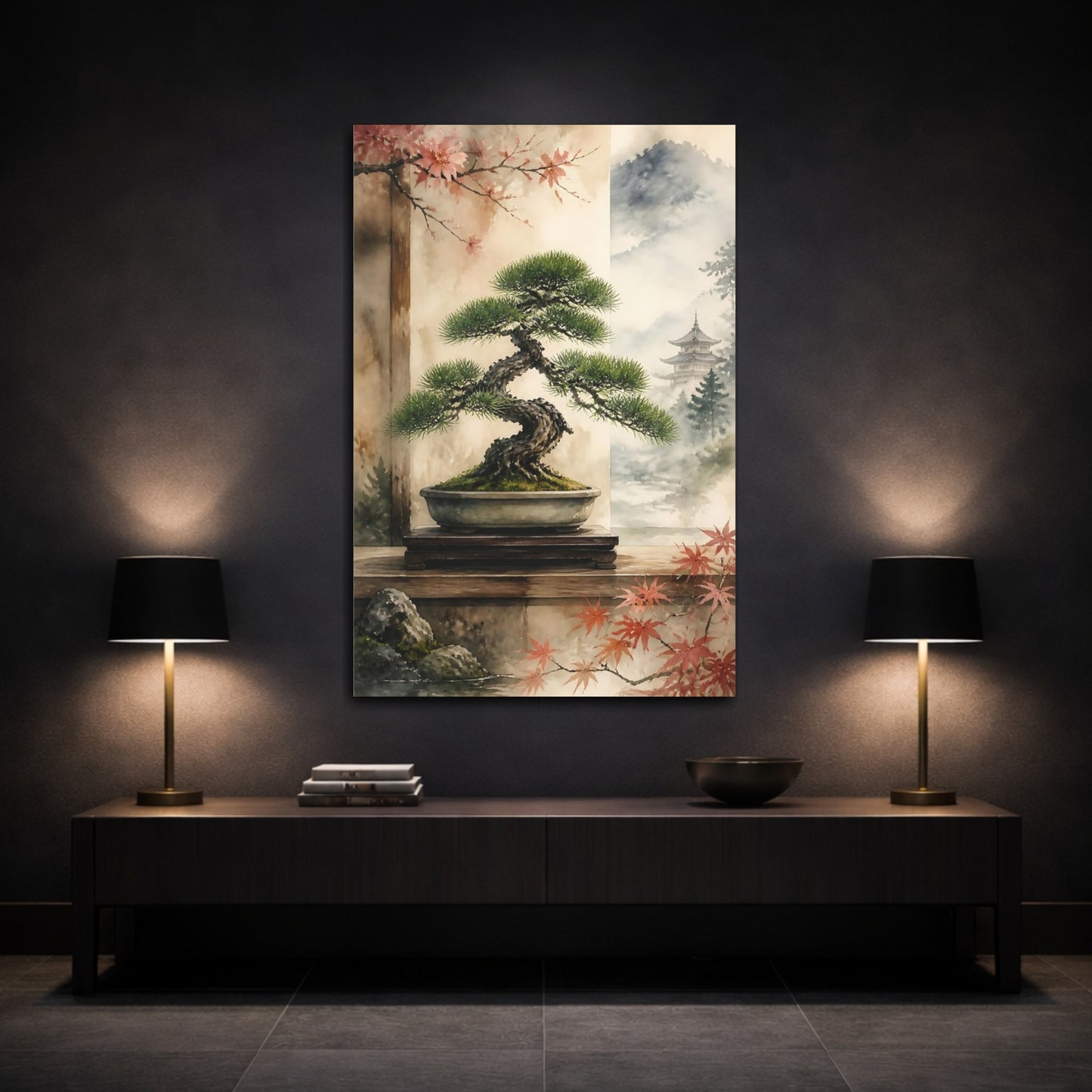 Mockup 3. Japanese Bonsai Pine Display shown as canvas print