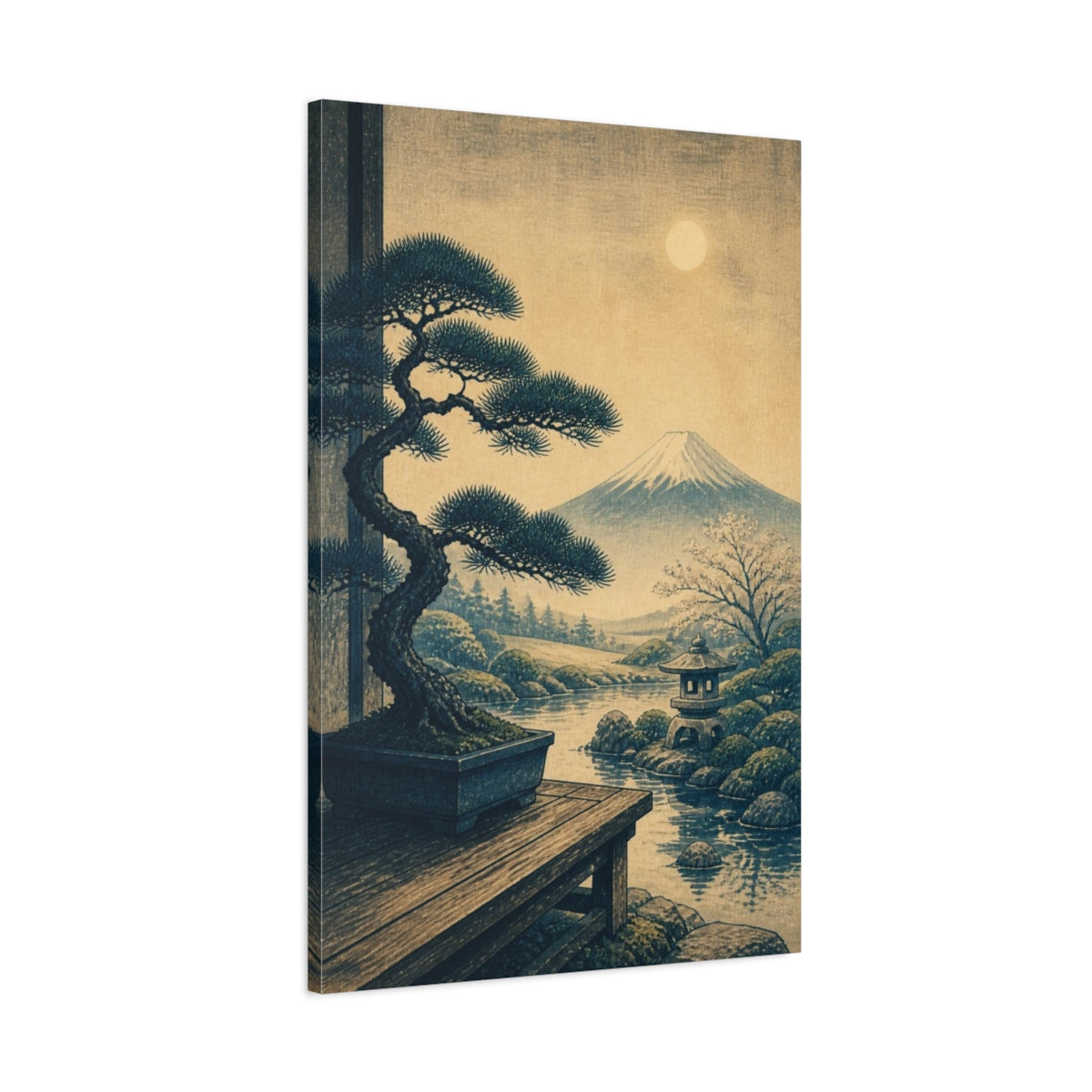 Main Mockup. Japanese Bonsai Pine Landscape shown as canvas print