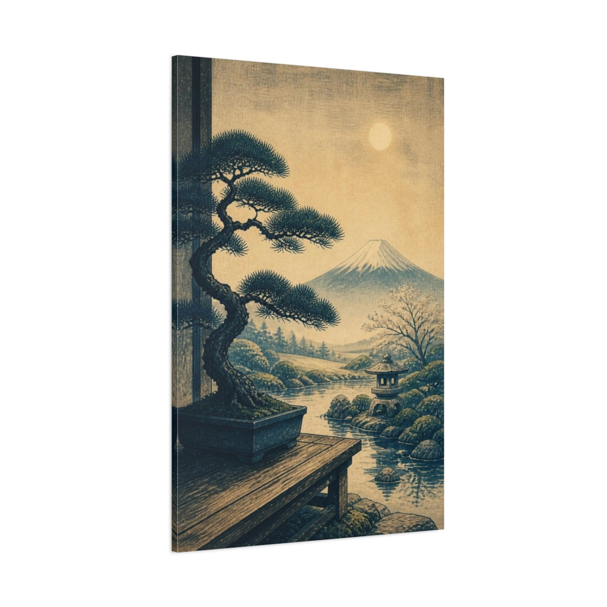Side Mockup 1. Japanese Bonsai Pine Landscape shown as canvas print
