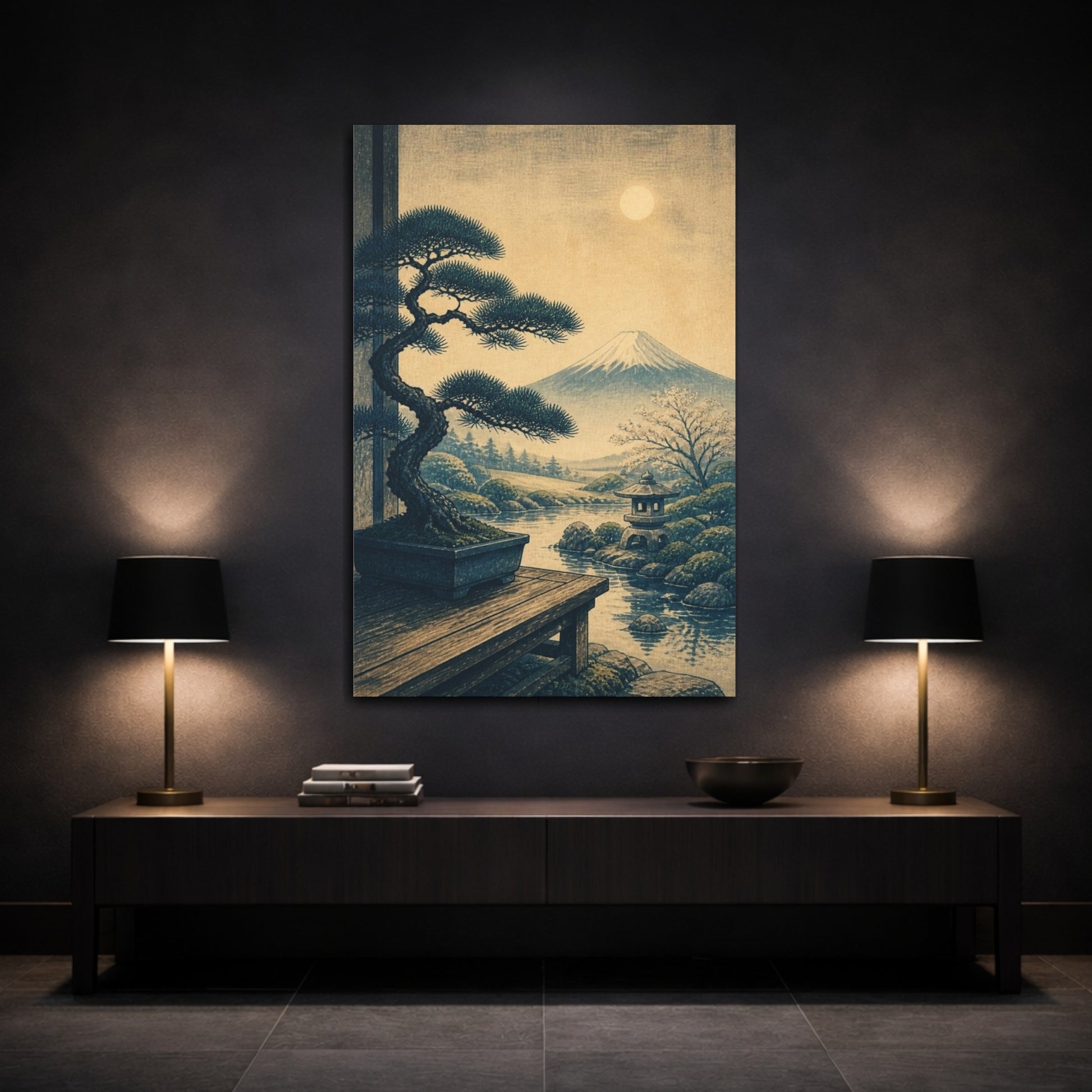 Mockup 3. Japanese Bonsai Pine Landscape shown as canvas print