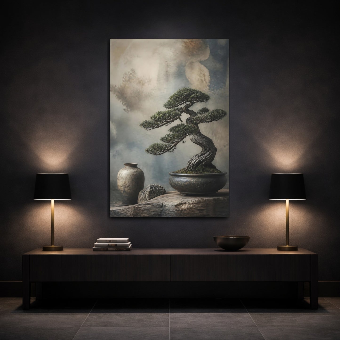 Mockup 3. Japanese Bonsai Still Life shown as canvas print