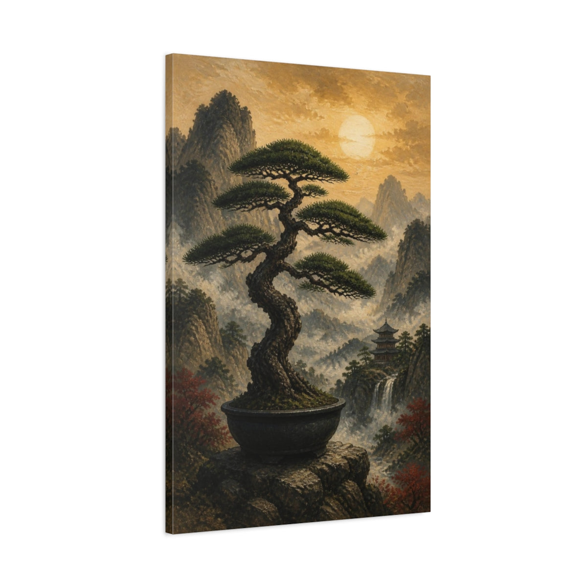 Main Mockup. Japanese Bonsai Sunset shown as canvas print
