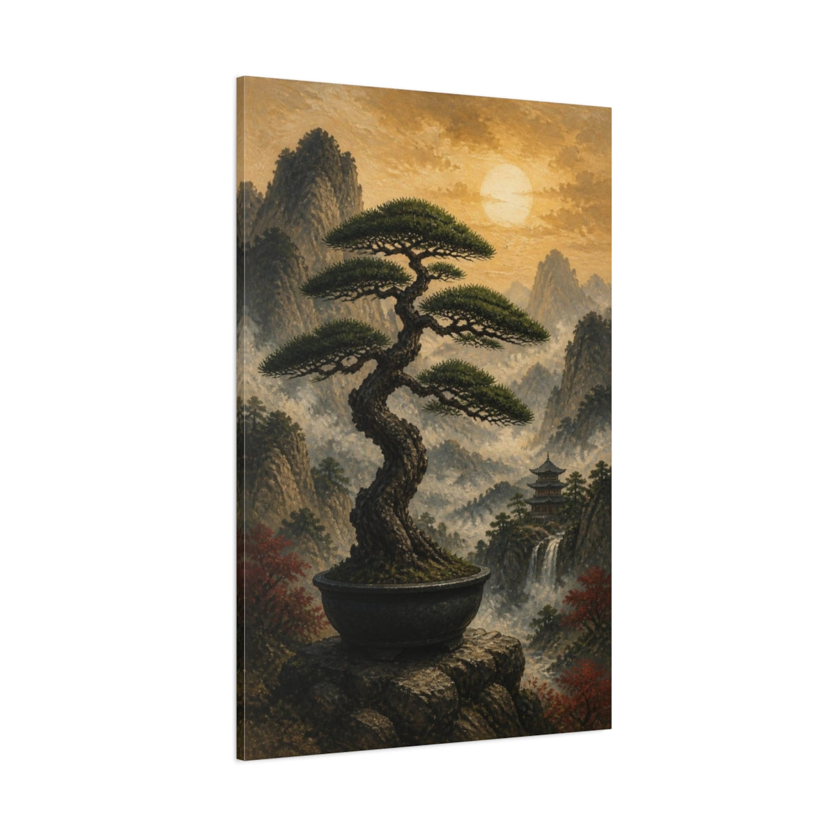 Side Mockup 1. Japanese Bonsai Sunset shown as canvas print